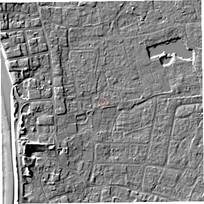 Shaded relief map of the ground around TA82AW, computed from Environment Agency LiDAR. The ground here sits at about 6 m above sea level and falls 9 m across the surrounding 800 m. Surface water reaching this point runs off ground lying to the west-north-west, 2.2 m higher.