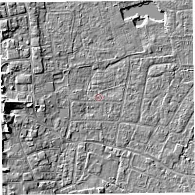 Shaded relief map of the ground around TA82AX, computed from Environment Agency LiDAR. The ground here sits at about 6 m above sea level and falls 9 m across the surrounding 800 m. Surface water reaching this point runs off ground lying to the west, 0.8 m higher.
