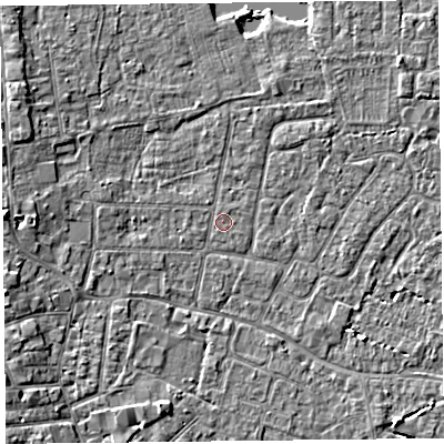 Shaded relief map of the ground around TA82AZ, computed from Environment Agency LiDAR. The ground here sits at about 6 m above sea level and falls 5 m across the surrounding 800 m. Surface water reaching this point runs off ground lying to the west-north-west, 3.0 m higher.
