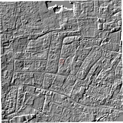 Shaded relief map of the ground around TA82BB, computed from Environment Agency LiDAR. The ground here sits at about 6 m above sea level and falls 3 m across the surrounding 800 m. Surface water reaching this point runs off ground lying to the north-north-east, 1.0 m higher.
