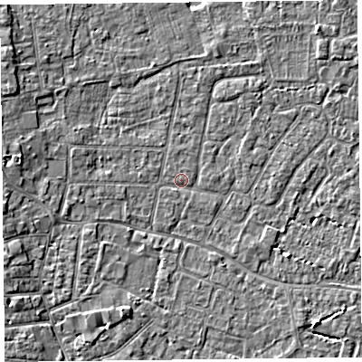 Shaded relief map of the ground around TA82BG, computed from Environment Agency LiDAR. The ground here sits at about 6 m above sea level and falls 4 m across the surrounding 800 m. Surface water reaching this point runs off ground lying to the west, 3.2 m higher.