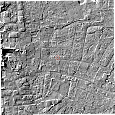 Shaded relief map of the ground around TA82BH, computed from Environment Agency LiDAR. The ground here sits at about 6 m above sea level and falls 9 m across the surrounding 800 m. Surface water reaching this point runs off ground lying to the west-north-west, 1.7 m higher.