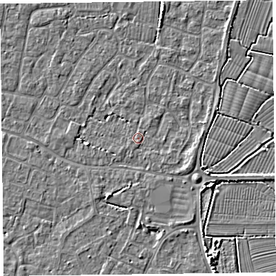 Shaded relief map of the ground around TA82BN, computed from Environment Agency LiDAR. The ground here sits at about 6 m above sea level and falls 5 m across the surrounding 800 m. Surface water reaching this point runs off ground lying to the north, 2.4 m higher.