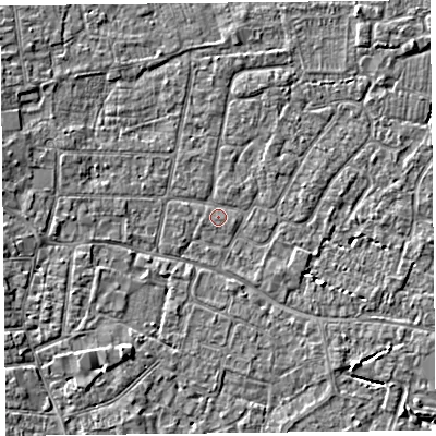 Shaded relief map of the ground around TA82BQ, computed from Environment Agency LiDAR. The ground here sits at about 6 m above sea level and falls 3 m across the surrounding 800 m. Surface water reaching this point runs off ground lying to the west-north-west, 2.4 m higher.