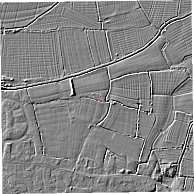 Shaded relief map of the ground around TA82BS, computed from Environment Agency LiDAR. The ground here sits at about 6 m above sea level and falls 4 m across the surrounding 800 m. Surface water reaching this point runs off ground lying to the north-west, 0.7 m higher.