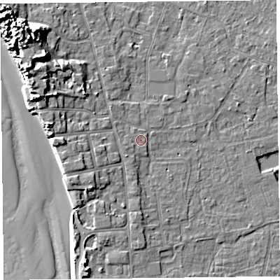 Shaded relief map of the ground around TA82BT, computed from Environment Agency LiDAR. The ground here sits at about 7 m above sea level and falls 16 m across the surrounding 800 m. Surface water reaching this point runs off ground lying to the south-west, 1.3 m higher.