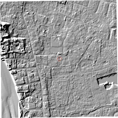 Shaded relief map of the ground around TA82BY, computed from Environment Agency LiDAR. The ground here sits at about 7 m above sea level and falls 14 m across the surrounding 800 m. Surface water reaching this point runs off ground lying to the west-north-west, 7.5 m higher.