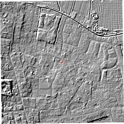 Shaded relief map of the ground around TA82DA, computed from Environment Agency LiDAR. The ground here sits at about 6 m above sea level and falls 7 m across the surrounding 800 m. Surface water reaching this point runs off ground lying to the west-south-west, 6.0 m higher.