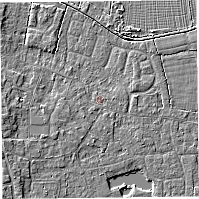 Shaded relief map of the ground around TA82DB, computed from Environment Agency LiDAR. The ground here sits at about 6 m above sea level and falls 4 m across the surrounding 800 m. Surface water reaching this point runs off ground lying to the south-west, 1.5 m higher.