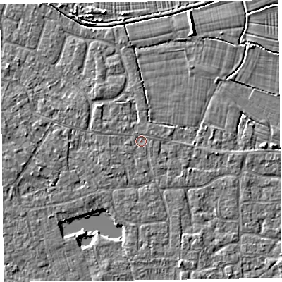 Shaded relief map of the ground around TA82DD, computed from Environment Agency LiDAR. The ground here sits at about 6 m above sea level and falls 4 m across the surrounding 800 m. Surface water reaching this point runs off ground lying to the west-north-west, 0.7 m higher.