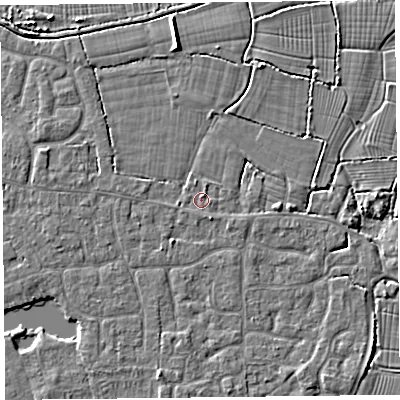 Shaded relief map of the ground around TA82DE, computed from Environment Agency LiDAR. The ground here sits at about 6 m above sea level and falls 4 m across the surrounding 800 m. Surface water reaching this point runs off ground lying to the north-north-east, 0.6 m higher.