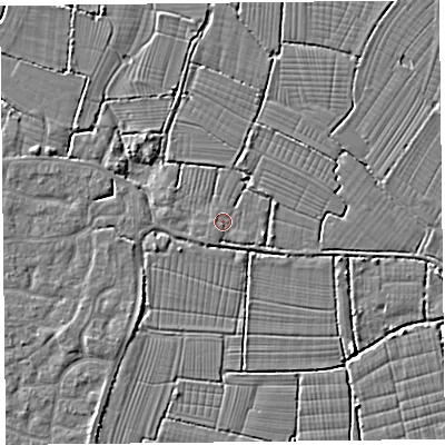 Shaded relief map of the ground around TA82DF, computed from Environment Agency LiDAR. The ground here sits at about 6 m above sea level and falls 4 m across the surrounding 800 m. Surface water reaching this point runs off ground lying to the south-south-west, 1.1 m higher.