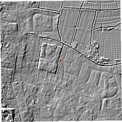 Shaded relief map of the ground around TA82DG, computed from Environment Agency LiDAR. The ground here sits at about 5 m above sea level and falls 7 m across the surrounding 800 m. Surface water reaching this point runs off ground lying to the south-west, 6.2 m higher.