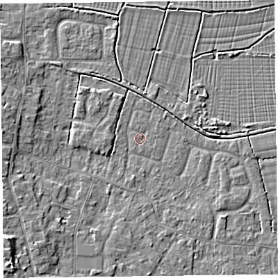 Shaded relief map of the ground around TA82DH, computed from Environment Agency LiDAR. The ground here sits at about 5 m above sea level and falls 6 m across the surrounding 800 m. The ground contributing surface water to this point lies to the east-south-east.