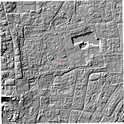 Shaded relief map of the ground around TA82DL, computed from Environment Agency LiDAR. The ground here sits at about 6 m above sea level and falls 6 m across the surrounding 800 m. Surface water reaching this point runs off ground lying to the west, 2.4 m higher.