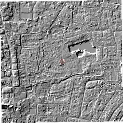 Shaded relief map of the ground around TA82DN, computed from Environment Agency LiDAR. The ground here sits at about 6 m above sea level and falls 6 m across the surrounding 800 m. Surface water reaching this point runs off ground lying to the west-south-west, 2.7 m higher.