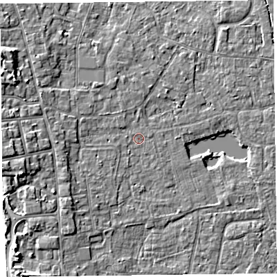 Shaded relief map of the ground around TA82DP, computed from Environment Agency LiDAR. The ground here sits at about 6 m above sea level and falls 8 m across the surrounding 800 m. Surface water reaching this point runs off ground lying to the west-south-west, 2.1 m higher.