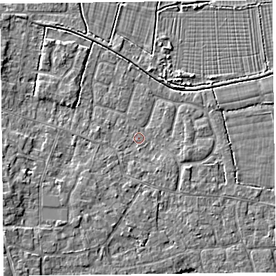 Shaded relief map of the ground around TA82DQ, computed from Environment Agency LiDAR. The ground here sits at about 6 m above sea level and falls 4 m across the surrounding 800 m. Surface water reaching this point runs off ground lying to the south, 1.8 m higher.