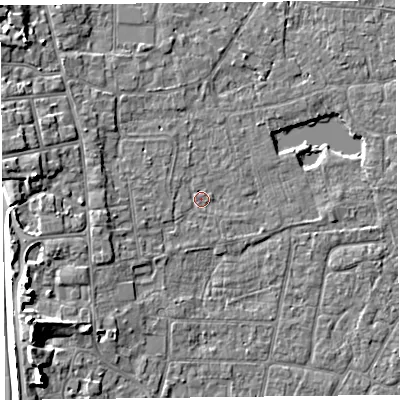 Shaded relief map of the ground around TA82DR, computed from Environment Agency LiDAR. The ground here sits at about 6 m above sea level and falls 8 m across the surrounding 800 m. Surface water reaching this point runs off ground lying to the west, 2.4 m higher.
