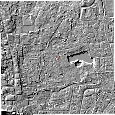 Shaded relief map of the ground around TA82DS, computed from Environment Agency LiDAR. The ground here sits at about 6 m above sea level and falls 6 m across the surrounding 800 m. The ground contributing surface water to this point lies to the east-north-east.