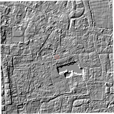 Shaded relief map of the ground around TA82DT, computed from Environment Agency LiDAR. The ground here sits at about 6 m above sea level and falls 4 m across the surrounding 800 m. The ground contributing surface water to this point lies to the south-west.