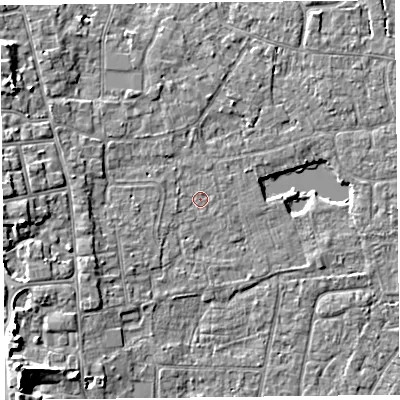 Shaded relief map of the ground around TA82DW, computed from Environment Agency LiDAR. The ground here sits at about 6 m above sea level and falls 8 m across the surrounding 800 m. Surface water reaching this point runs off ground lying to the west-south-west, 2.2 m higher.
