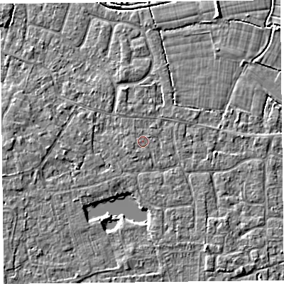 Shaded relief map of the ground around TA82DY, computed from Environment Agency LiDAR. The ground here sits at about 6 m above sea level and falls 4 m across the surrounding 800 m. The ground contributing surface water to this point lies to the north-west.