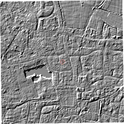 Shaded relief map of the ground around TA82DZ, computed from Environment Agency LiDAR. The ground here sits at about 6 m above sea level and falls 3 m across the surrounding 800 m. The ground contributing surface water to this point lies to the east.