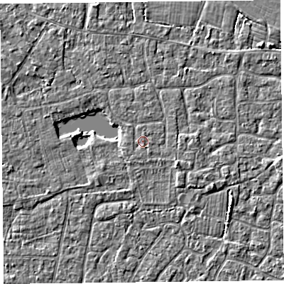 Shaded relief map of the ground around TA82ED, computed from Environment Agency LiDAR. The ground here sits at about 6 m above sea level and falls 3 m across the surrounding 800 m. Surface water reaching this point runs off ground lying to the south, 0.5 m higher.