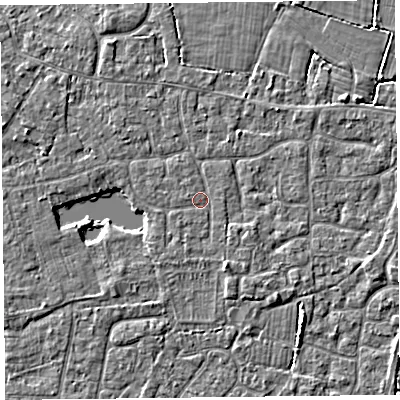 Shaded relief map of the ground around TA82EF, computed from Environment Agency LiDAR. The ground here sits at about 6 m above sea level and falls 3 m across the surrounding 800 m. Surface water reaching this point runs off ground lying to the south-south-east, 1.3 m higher.