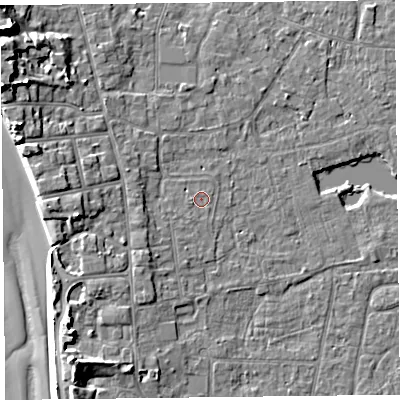 Shaded relief map of the ground around TA82EG, computed from Environment Agency LiDAR. The ground here sits at about 6 m above sea level and falls 12 m across the surrounding 800 m. Surface water reaching this point runs off ground lying to the west-south-west, 2.1 m higher.