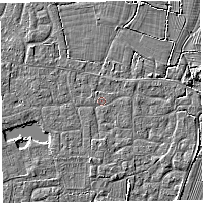 Shaded relief map of the ground around TA82EH, computed from Environment Agency LiDAR. The ground here sits at about 6 m above sea level and falls 3 m across the surrounding 800 m. Surface water reaching this point runs off ground lying to the south, 1.3 m higher.