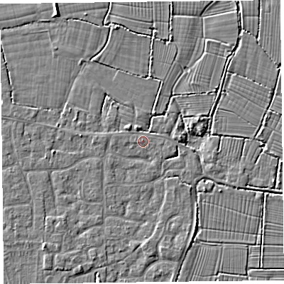 Shaded relief map of the ground around TA82EL, computed from Environment Agency LiDAR. The ground here sits at about 6 m above sea level and falls 4 m across the surrounding 800 m. The ground contributing surface water to this point lies to the west-north-west.