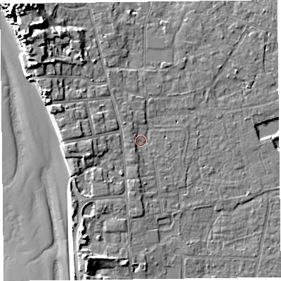 Shaded relief map of the ground around TA82EQ, computed from Environment Agency LiDAR. The ground here sits at about 7 m above sea level and falls 16 m across the surrounding 800 m. Surface water reaching this point runs off ground lying to the west, 1.8 m higher.