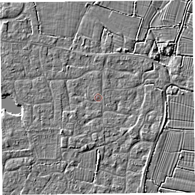 Shaded relief map of the ground around TA82ER, computed from Environment Agency LiDAR. The ground here sits at about 6 m above sea level and falls 3 m across the surrounding 800 m. Surface water reaching this point runs off ground lying to the south-west, 1.5 m higher.