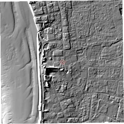 Shaded relief map of the ground around TA82ET, computed from Environment Agency LiDAR. The ground here sits at about 8 m above sea level and falls 17 m across the surrounding 800 m. Surface water reaching this point runs off ground lying to the west-south-west, 5.4 m higher.