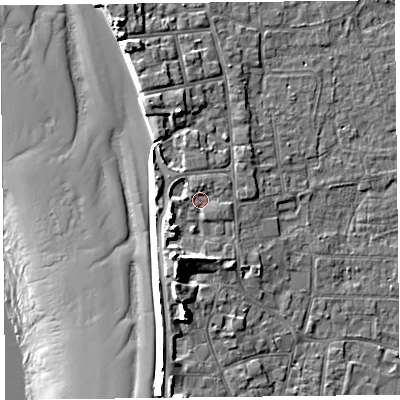 Shaded relief map of the ground around TA82EU, computed from Environment Agency LiDAR. The ground here sits at about 8 m above sea level and falls 17 m across the surrounding 800 m. Surface water reaching this point runs off ground lying to the north-west, 1.6 m higher.