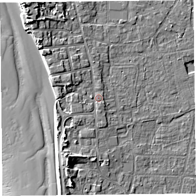 Shaded relief map of the ground around TA82EX, computed from Environment Agency LiDAR. The ground here sits at about 8 m above sea level and falls 16 m across the surrounding 800 m. Surface water reaching this point runs off ground lying to the west, 1.1 m higher.