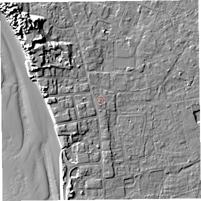Shaded relief map of the ground around TA82EY, computed from Environment Agency LiDAR. The ground here sits at about 8 m above sea level and falls 17 m across the surrounding 800 m. Surface water reaching this point runs off ground lying to the south-west, 3.2 m higher.