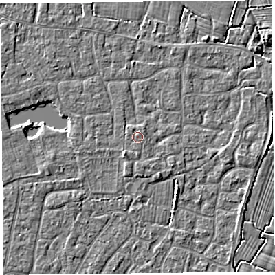 Shaded relief map of the ground around TA82FE, computed from Environment Agency LiDAR. The ground here sits at about 6 m above sea level and falls 3 m across the surrounding 800 m. Surface water reaching this point runs off ground lying to the north-north-east, 0.6 m higher.