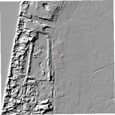 Shaded relief map of the ground around TA82FG, computed from Environment Agency LiDAR. The ground here sits at about 9 m above sea level and falls 17 m across the surrounding 800 m. Surface water reaching this point runs off ground lying to the north-west, 1.1 m higher.