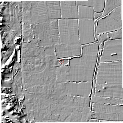 Shaded relief map of the ground around TA82FH, computed from Environment Agency LiDAR. The ground here sits at about 5 m above sea level and falls 15 m across the surrounding 800 m. Surface water reaching this point runs off ground lying to the west, 3.6 m higher.