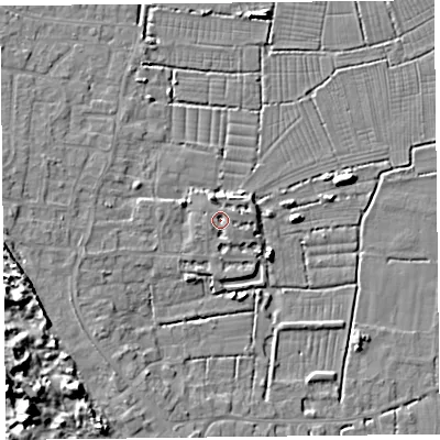 Shaded relief map of the ground around TA82FJ, computed from Environment Agency LiDAR. The ground here sits at about 6 m above sea level and falls 12 m across the surrounding 800 m. Surface water reaching this point runs off ground lying to the east-north-east, 1.8 m higher.