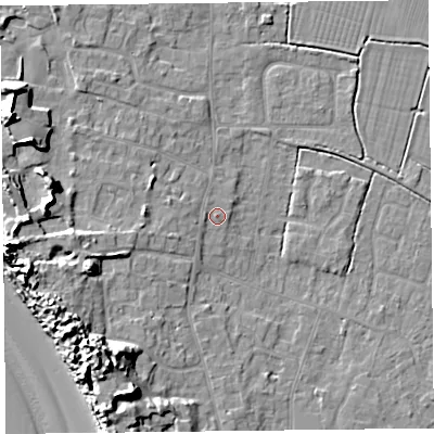 Shaded relief map of the ground around TA82HN, computed from Environment Agency LiDAR. The ground here sits at about 7 m above sea level and falls 14 m across the surrounding 800 m. Surface water reaching this point runs off ground lying to the south-west, 0.9 m higher.