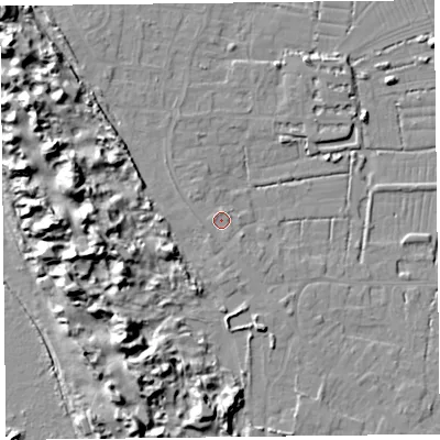 Shaded relief map of the ground around TA82JJ, computed from Environment Agency LiDAR. The ground here sits at about 8 m above sea level and falls 15 m across the surrounding 800 m. Surface water reaching this point runs off ground lying to the south, 1.7 m higher.