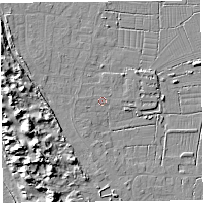 Shaded relief map of the ground around TA82JP, computed from Environment Agency LiDAR. The ground here sits at about 7 m above sea level and falls 15 m across the surrounding 800 m. Surface water reaching this point runs off ground lying to the west-south-west, 1.8 m higher.