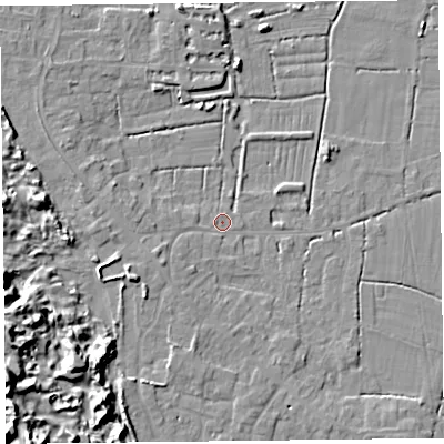 Shaded relief map of the ground around TA82JT, computed from Environment Agency LiDAR. The ground here sits at about 6 m above sea level and falls 15 m across the surrounding 800 m. Surface water reaching this point runs off ground lying to the south-west, 5.4 m higher.