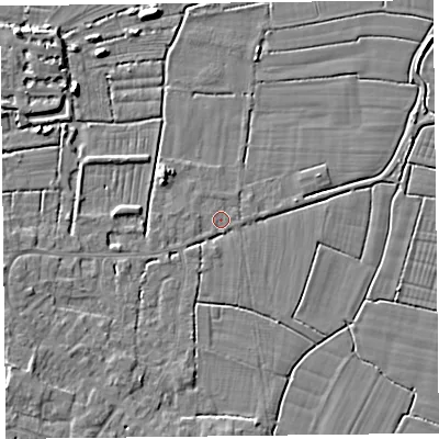 Shaded relief map of the ground around TA82JU, computed from Environment Agency LiDAR. The ground here sits at about 5 m above sea level and falls 5 m across the surrounding 800 m. Surface water reaching this point runs off ground lying to the south, 1.4 m higher.