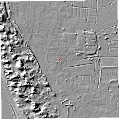 Shaded relief map of the ground around TA82JW, computed from Environment Agency LiDAR. The ground here sits at about 7 m above sea level and falls 15 m across the surrounding 800 m. Surface water reaching this point runs off ground lying to the west, 2.0 m higher.