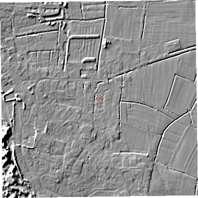 Shaded relief map of the ground around TA82JY, computed from Environment Agency LiDAR. The ground here sits at about 6 m above sea level and falls 12 m across the surrounding 800 m. Surface water reaching this point runs off ground lying to the west-south-west, 4.3 m higher.